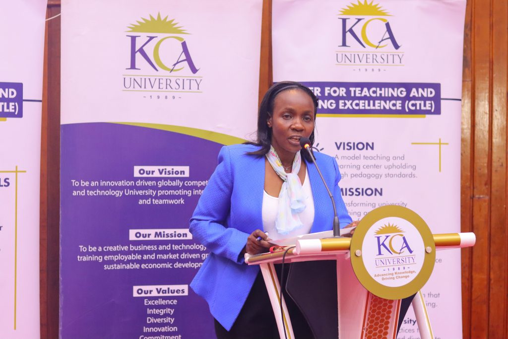 Dr. Eunice Marete- Deputy Commission Secretary- Commission for University Education during the closing ceremony for the PedaL faculty enhancement workshop held at KCA University-Main Campus, Ruaraka