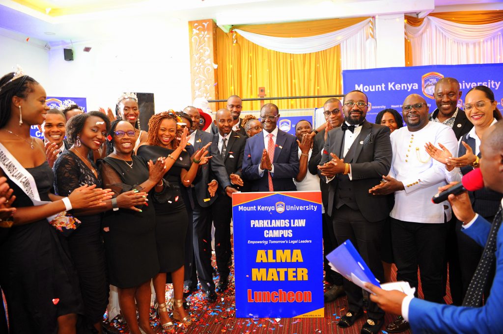 Hon. Kiraitu Murungi [center} joined by MKU Staff and senior managements during the first Alma Mater luncheon organised by the MKU School of Law themed ‘Journey Beyond Alma Mater’. Hon Murungi gave a public lecture themed “Happiness and The Law: The Nexus”. At the luncheon , MKU also launched the Online Master of Laws (LLM) Program.