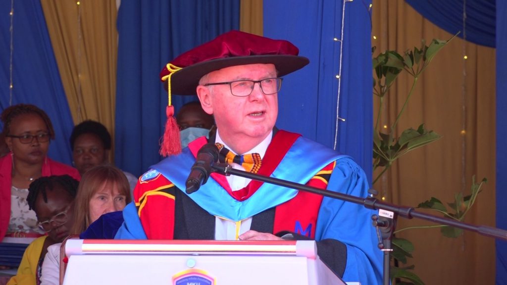 MKU Chancellor Prof John Struthers address graduands during MKU's 26th graduation ceremony 