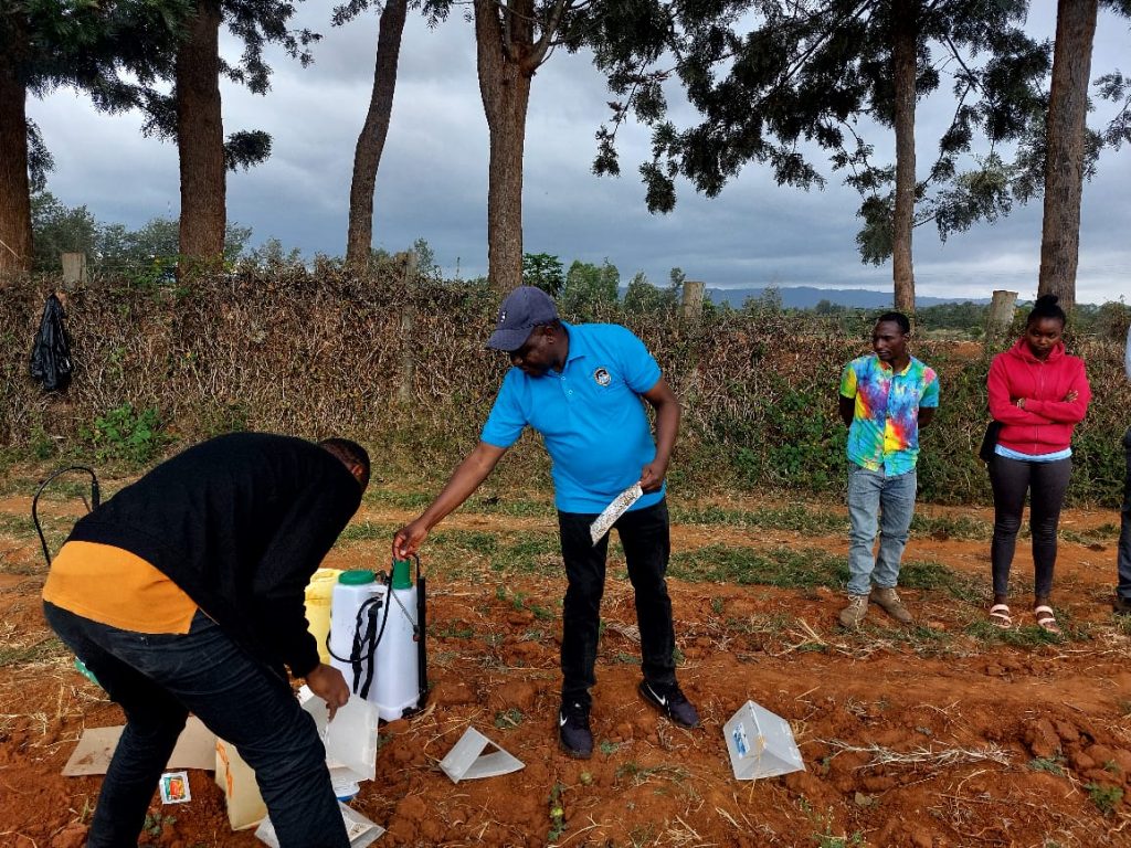 Scientists from Mount Kenya University and the University of Nairobi demonstrate to farmers how biological pesticides  work at Kabaa, Machakos county last weekend.  Photo: Courtesy