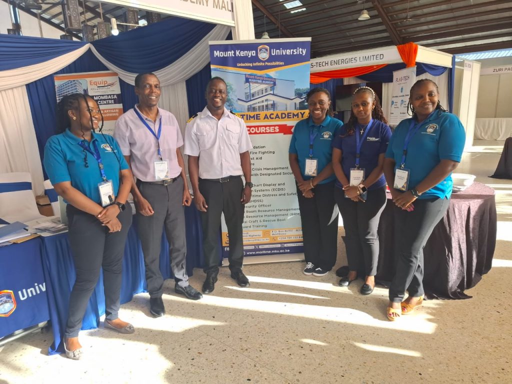 MKU staff from the MKU Maritime Academy in Malindi at their exhibition stand during the Blue Economy conference held in Mombasa last week.