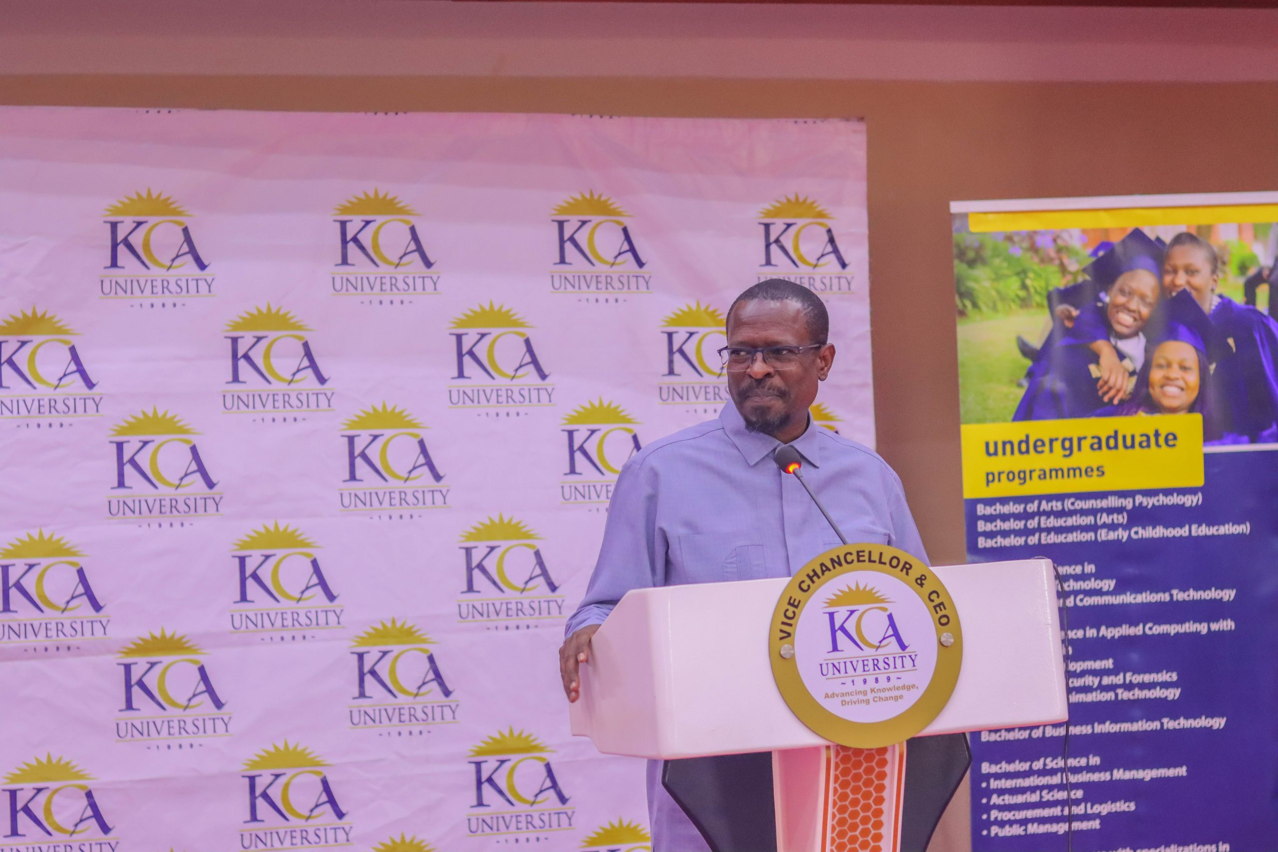 Prof. Isaiah I.C. Wakindiki, VC & CEO KCA University addresses invited guests and faculty members during the closing ceremony for the PedaL faculty enhancement workshop held at KCA University-Main Campus, Ruaraka.