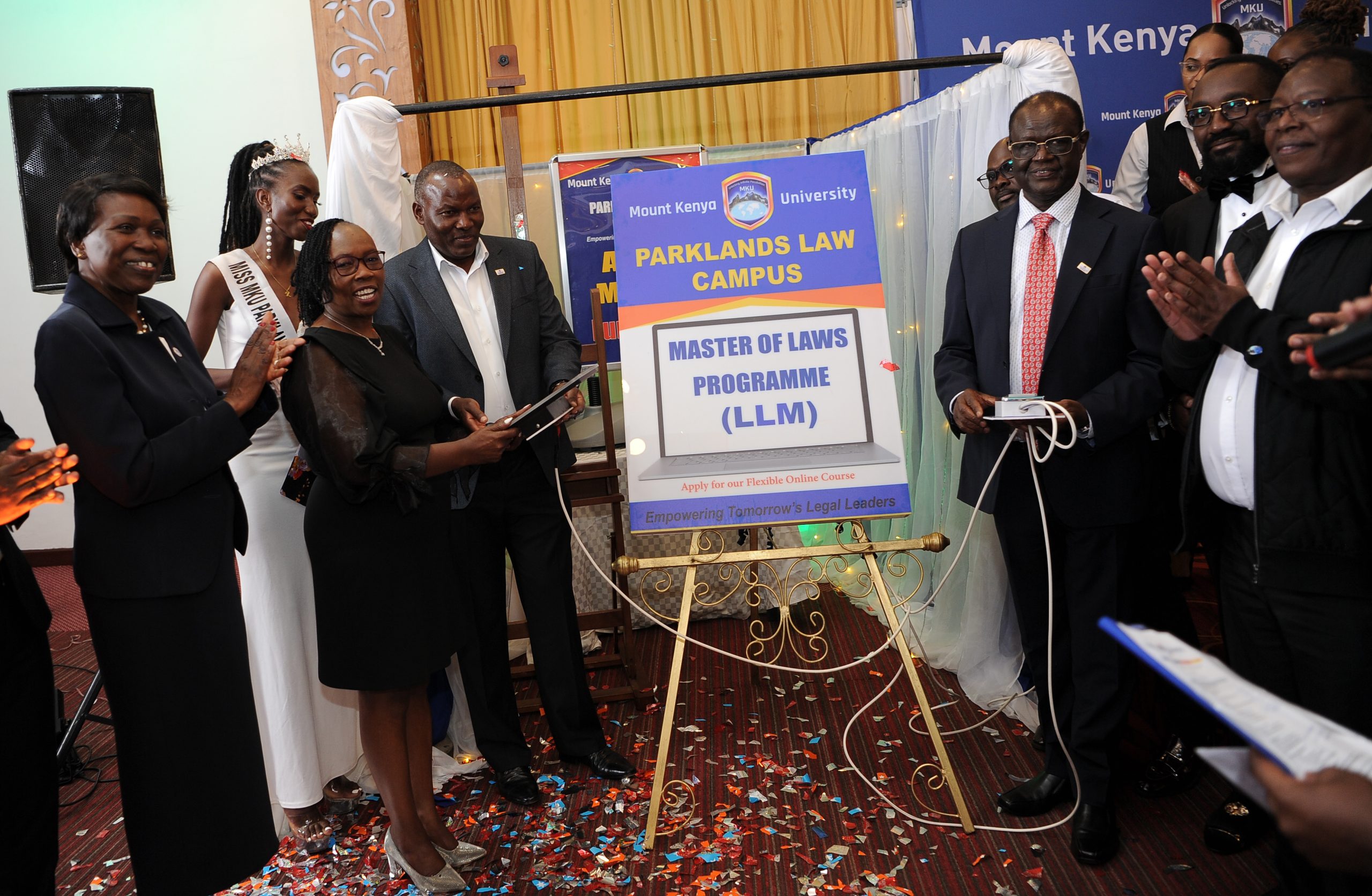 Hon Lady Justice Hellen Omondi {left) with MKU parklands law campus Director Nelly Wamaitha joined by MKU pro- chancellor Dr. Vincent Gaitho {far left} and Hon. Kiraitu Murungi [right} during the luncheon of the MKU online master of laws programme